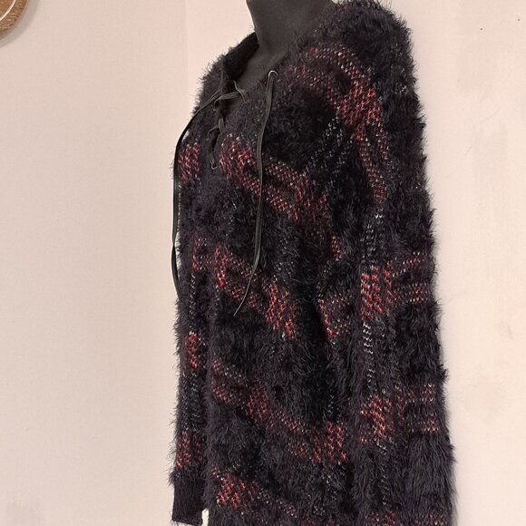 Rock & Republic Plaid Fuzzy Hoodie Long Sleeve Sweater Misses Size Large - Picture 7 of 10